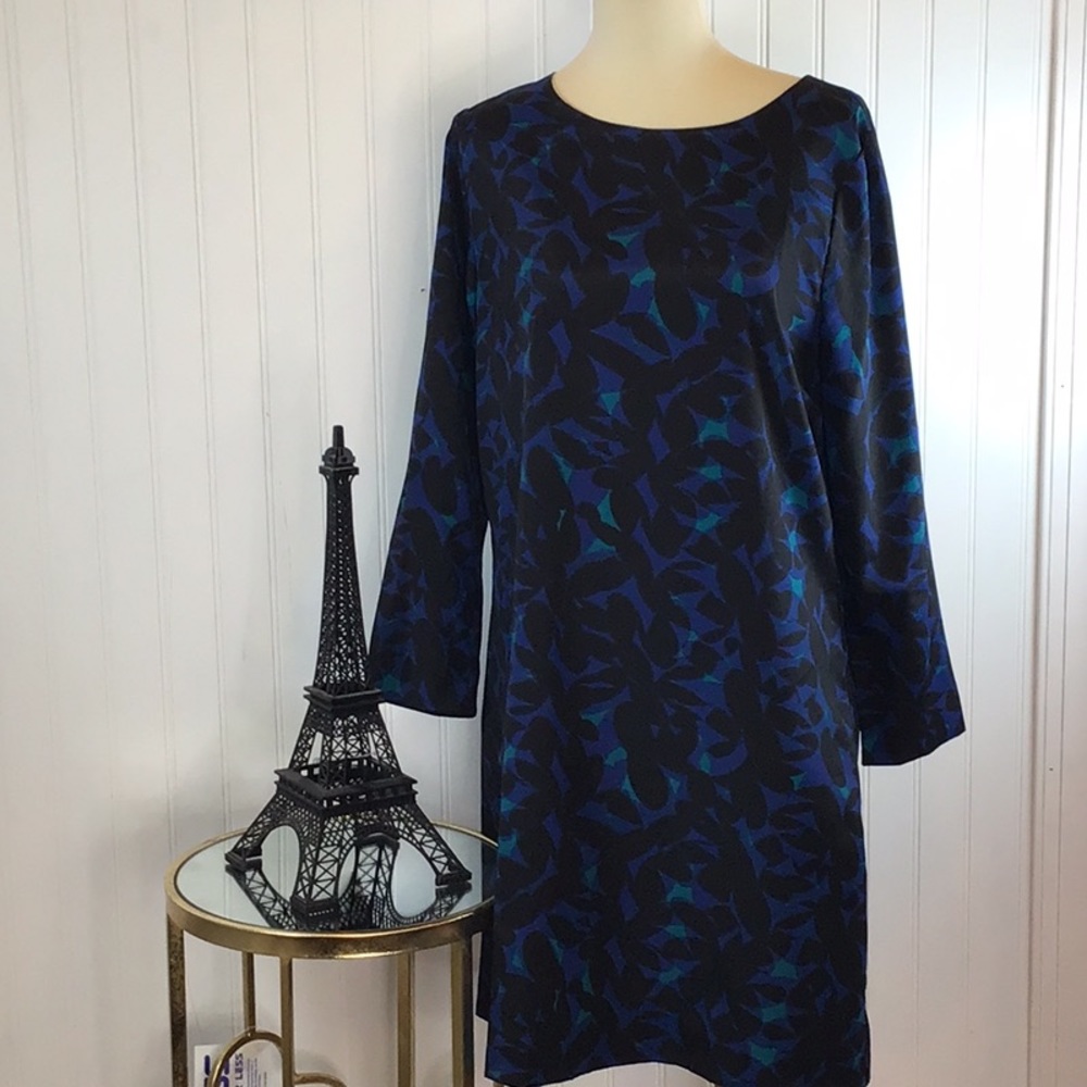 💖 J. Crew Factory | 3/4 Sleeve Gallery Shift Dress Blue Black Leaf Floral Siz